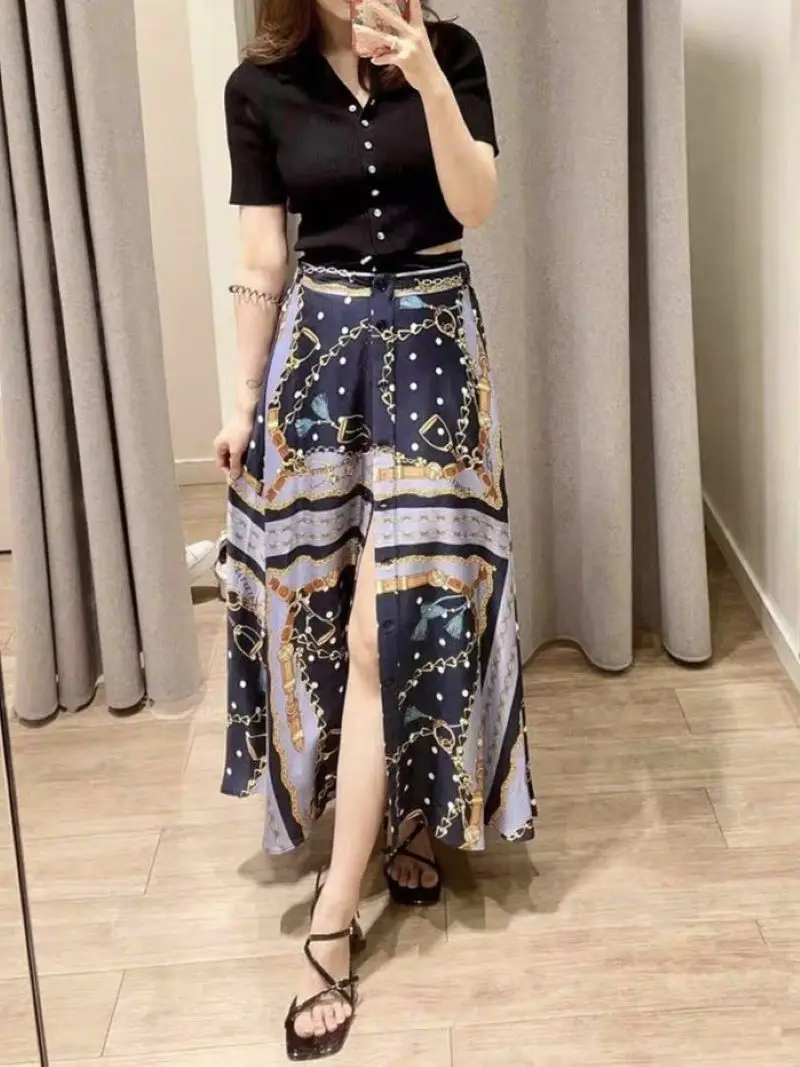 

Women Retro Printed Midi Skirt Single Breasted High Waist Ethnic Style Autumn 2024 Jupe