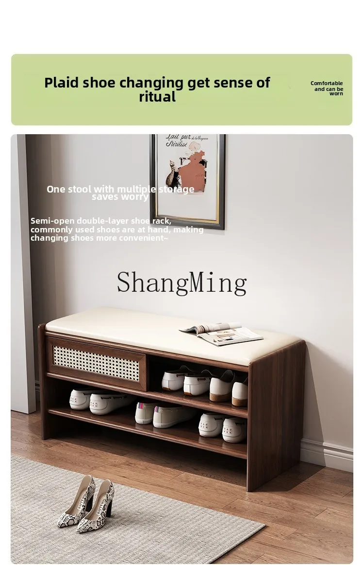 ZYYexquisite wood rattan shoes changing stool household medieval style entrance foyer shoes rack shoes changing stool integrated