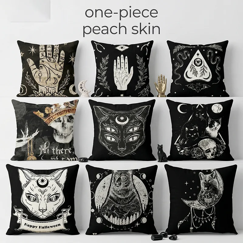 

Gothic Black Cat Skull Cushion Cover Witchy Pentagram Tarot Peach Skin Throw Pillowcase for Sofa Living Room Halloween Decor