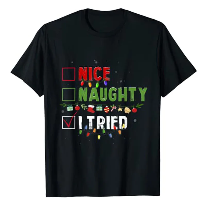 

Funny Christmas Pajama Lights Nice Naughty I Tried Holiday T-Shirt Xmas Costume Graphic Letter Tee Tops Gifts Aesthetic Clothes