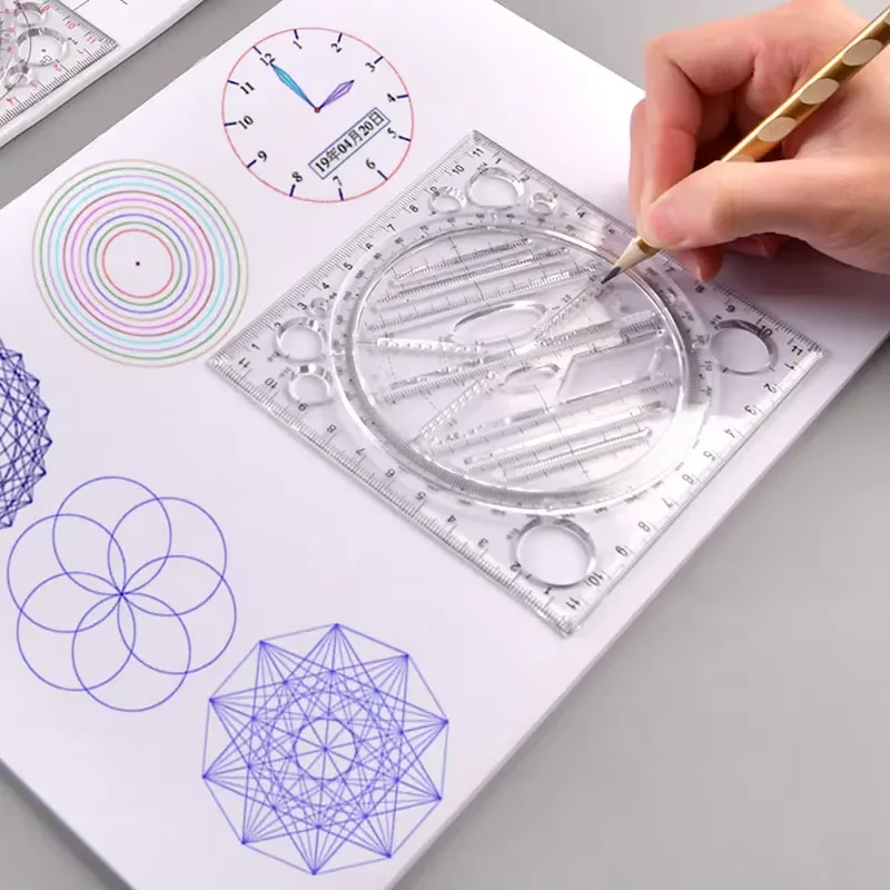 1PC Multifunctional Rotatable Drawing Template Geometric Measuring Tool for Painting and Art Design, Office & Student Use
