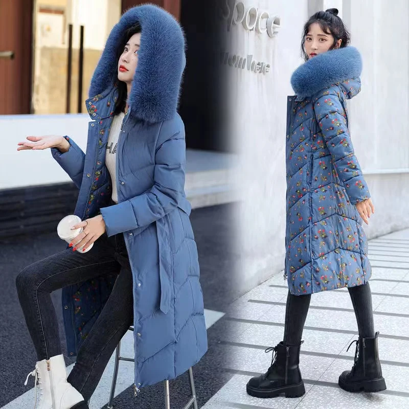 Double Side Down Cotton Jacket Fur Collar Hooded Parka Women Quilted Jacket Lady Coat Windproof Long Print Snow Outwear -30° C