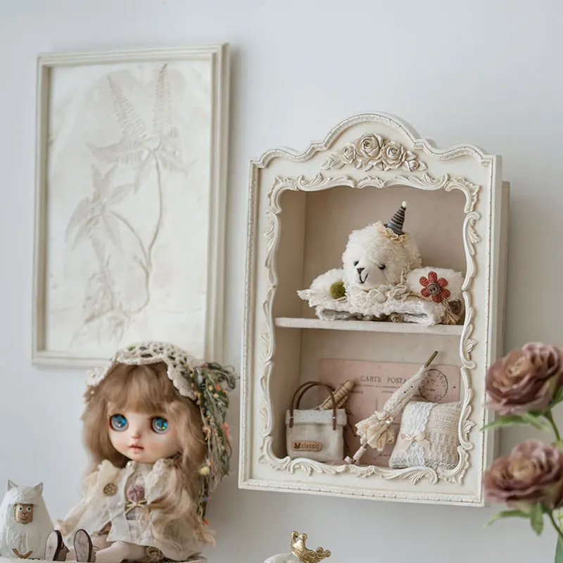 French Retro Carved Rack European Resin Relief Multi-layer Wall Cabinet Storage Hanging Cabinet Decorative Court Rose Flower
