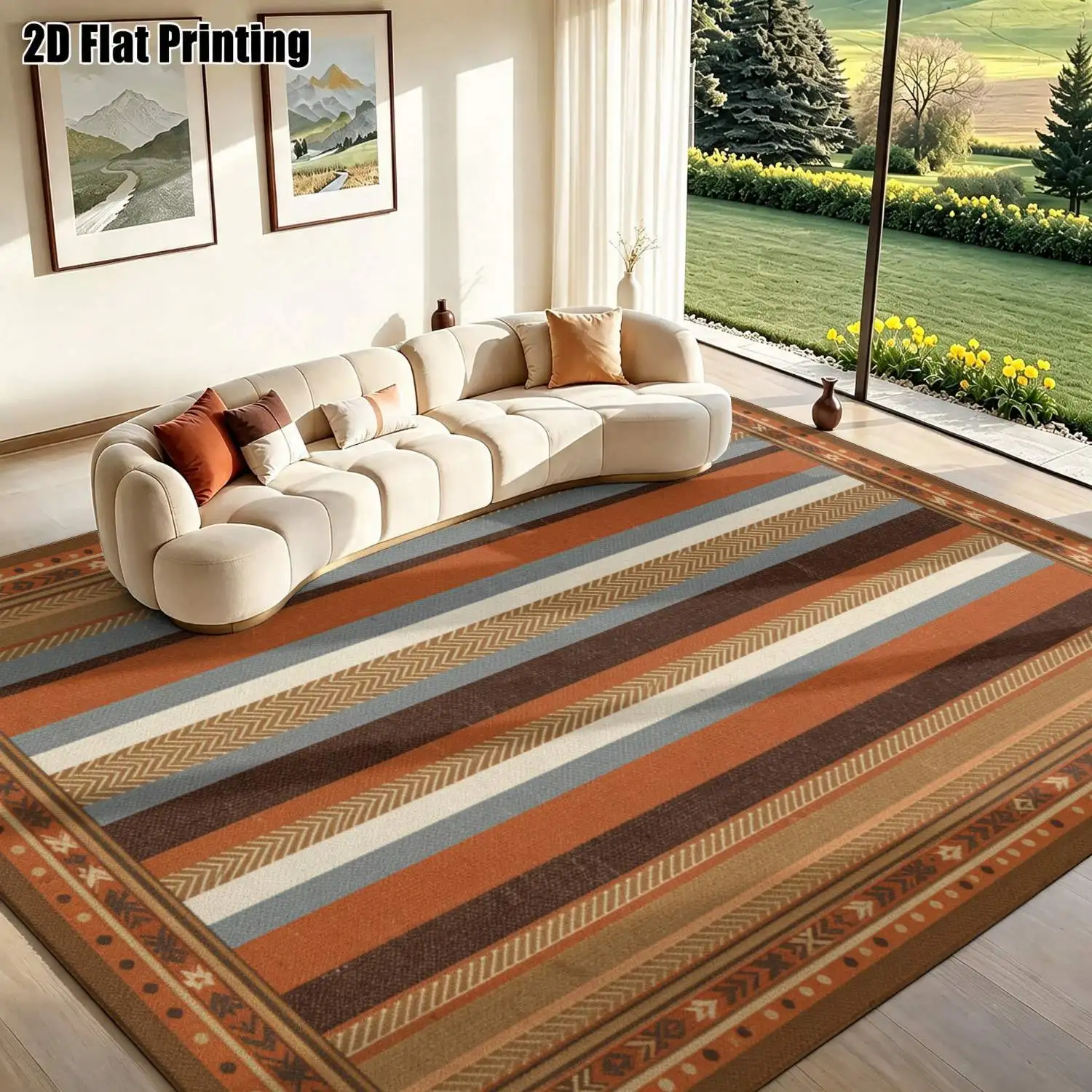 1Pc 2D Printed Retro Brown Blue Geometric Striped Carpet, European Modern Minimalist Home Decor Rug, Multi-Size Machine Washable, for Entrance/Dining/Living/Bedroom