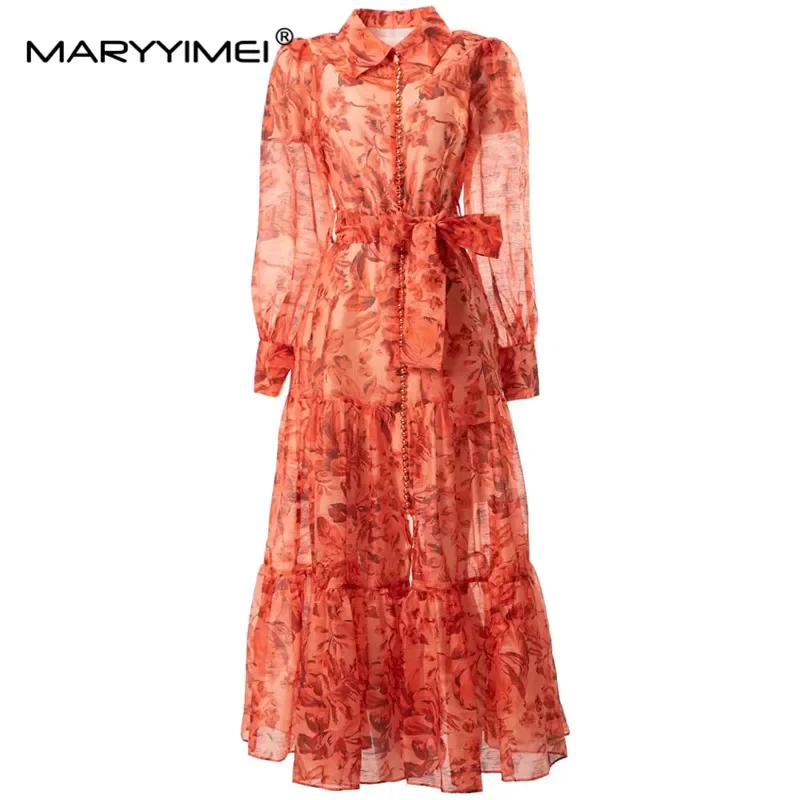

MARYYIMEI Fashion Designer Spring dress Women's Turn-down Collar Lantern Long Sleeve Lace-up Flower Printing Party Dresses