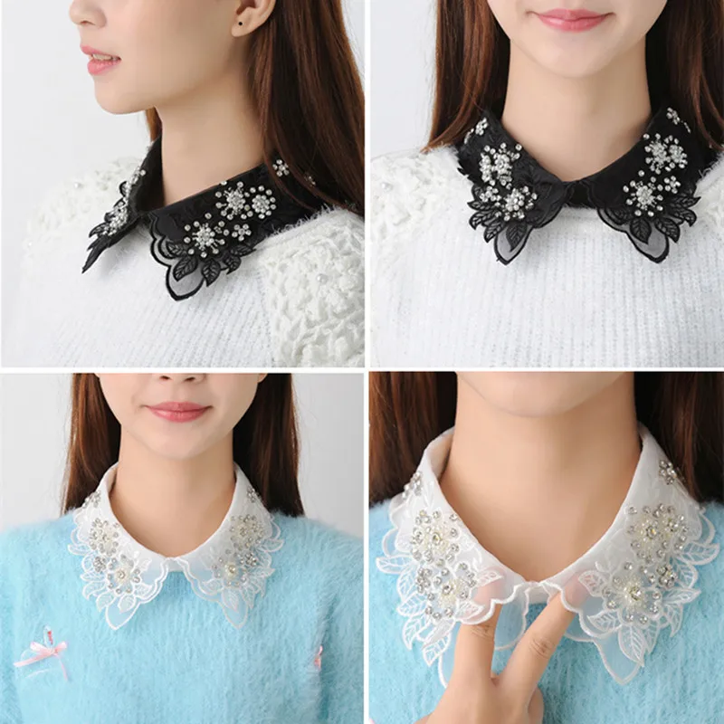 Hollow Lace Doll Fake Collar Blouse Sweater Detachable Shirt Collar False Collar Lapel Women Top Collars Decor With Rhinestone