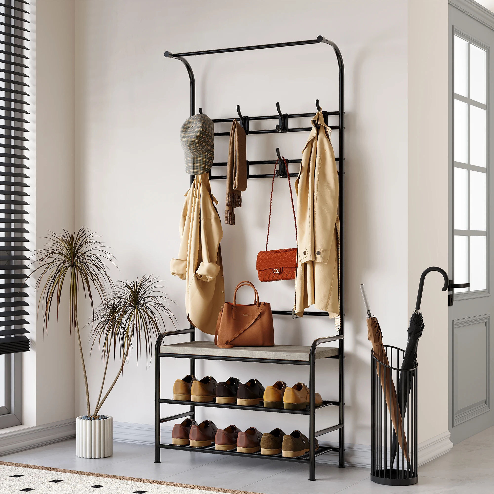 Industrial Hall Tree with Shoe Bench, Freestanding Entryway Coat Rack Stand - Hanging Rail, 8 Removable Hooks, 3-Tier Shoe Rack Storage Shelf - Steel Frame, Narrow Hallway Organizer