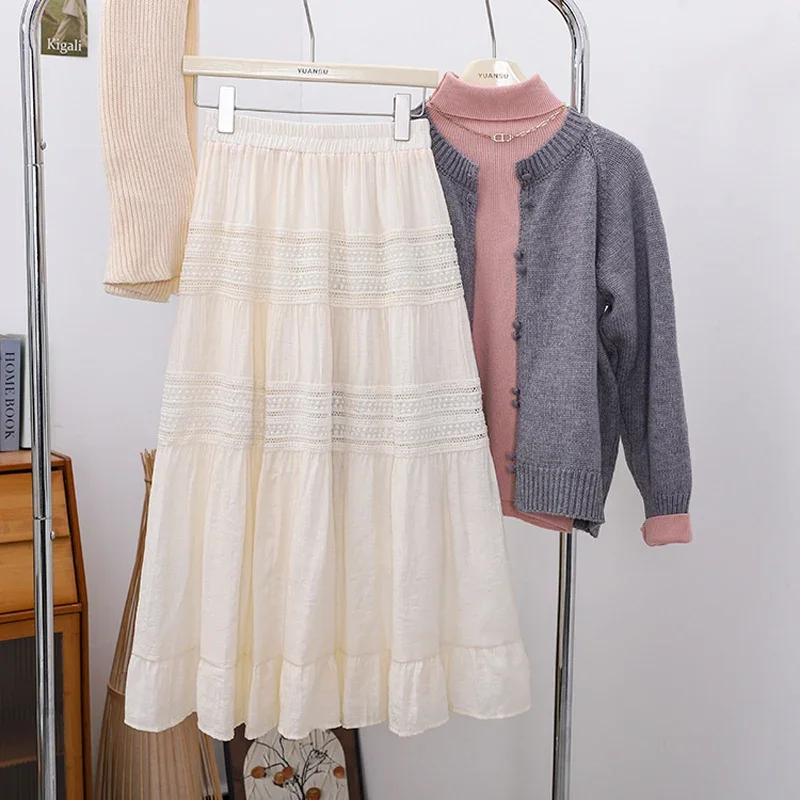 

TFETTERS Brand 2025 Summer Fashion Pleated Skirts Ladies Solid Color Casual Lace Hollow Out Mid Length Skirts for Women Clothing