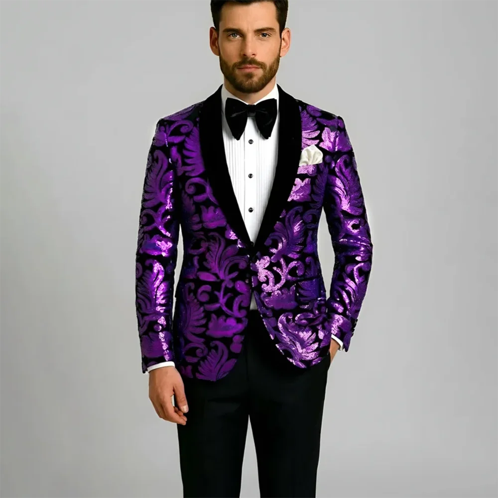 

Luxury Men's Purple Sequin Tuxedo Suit Single Breasted Jacket with Velvet Lapel+Pants 2Piece Set Formal Party Blazer for Wedding
