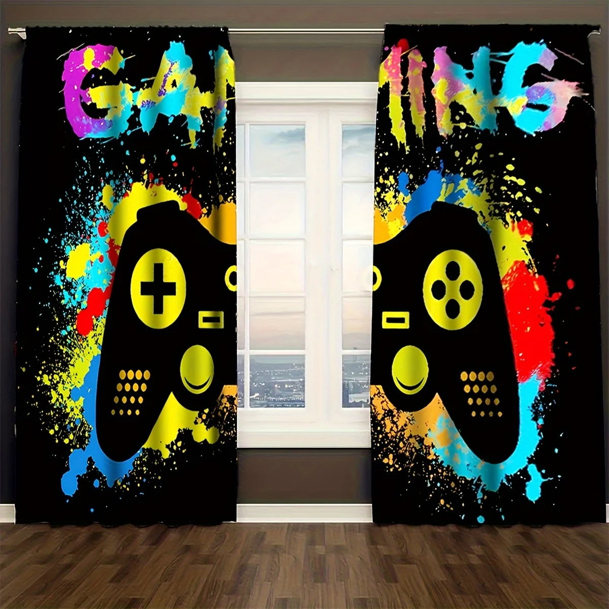 Gaming Controller Curtains, Colorful Graffiti Gamepad Window Drapes, Esports Room Decor, Blackout Fabric for Boys Bedroom