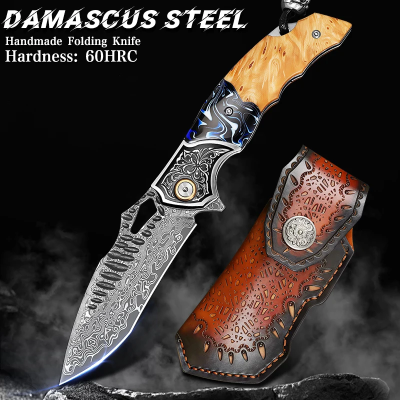 High-quality Damascus steel folding knife, men's everyday carry (EDC) folding knife, comes with a sheath, ideal outdoor camping