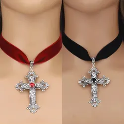 Women's Pendant Necklace Gothic Vintage Unique Cross Style Black Velvets Crucifix Choker Halloween Witch Jewelry Accessory