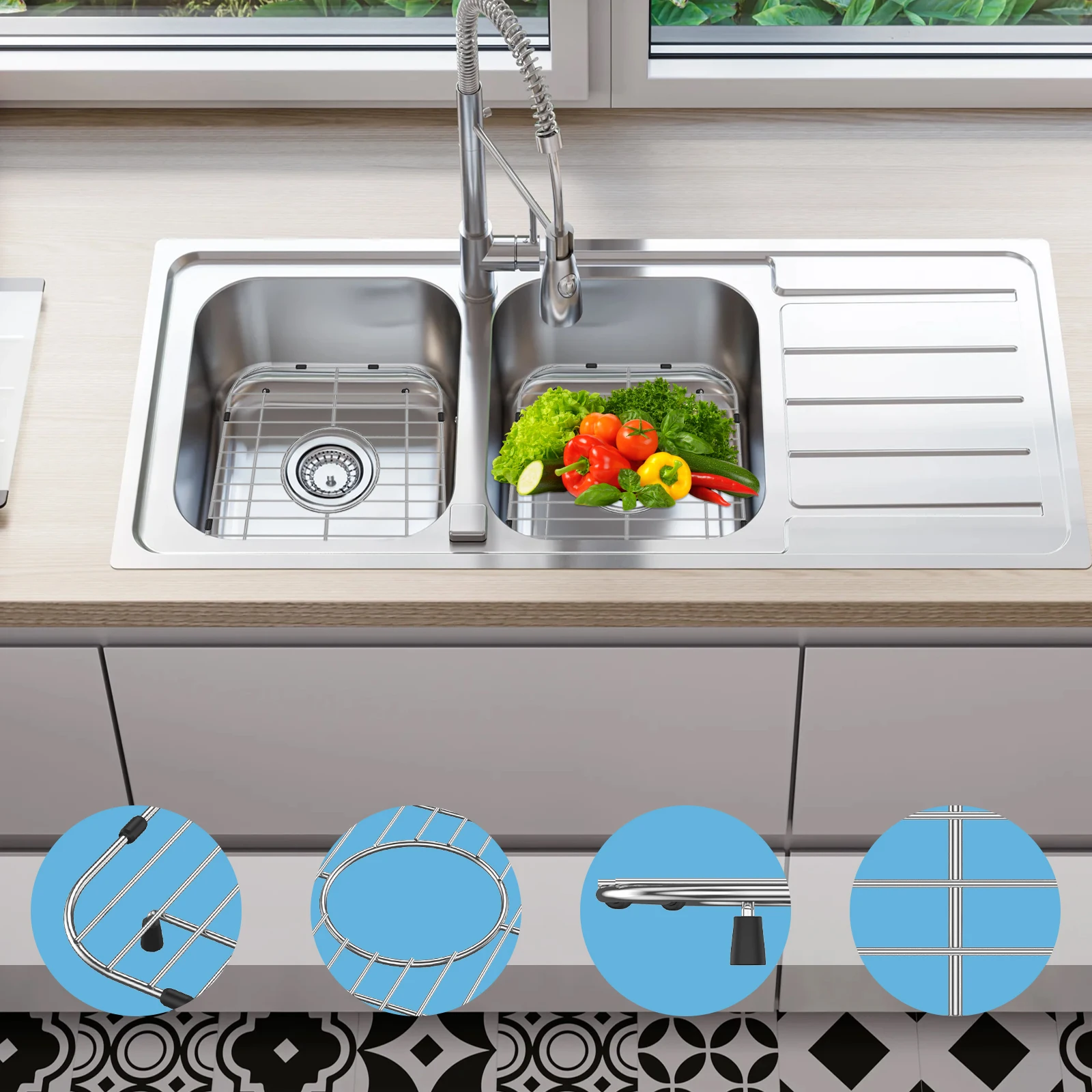 2Pcs Kitchen Sink Grid 304 Stainless Steel Sink Protectors Double Bowl Sink Bottom Grid with R50 Corner Large Sink Protectors