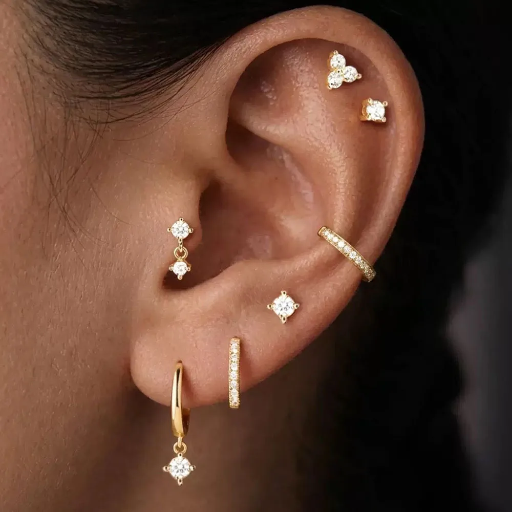 7PCS Geometry Hoop Earrings Set For Women Stainless Steel Round Zircon Ear Stud C-Shaped Ear Clip Trendy Punk Rock Jewelry