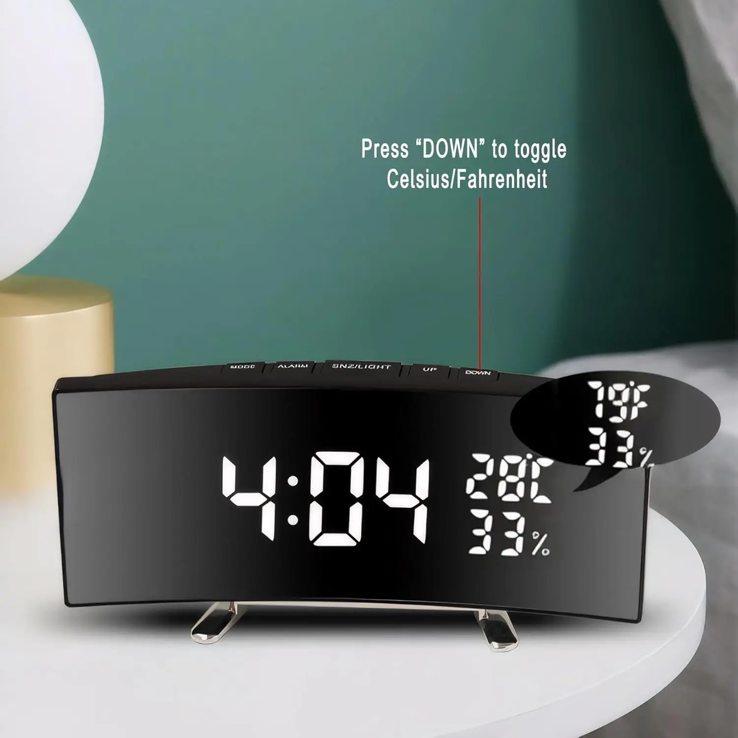 ساعة إلكترونية منحنية مبتكرة، شاشة LED كبيرة، بطارية منبه بمرآة مزدوجة الأغراض، غرفة نوم الطالب مخصصة #5
