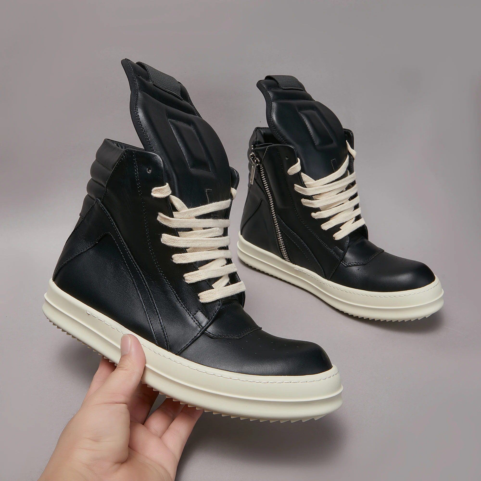 

Black Leather High Top Geo Luxury Quality Men Lace Up Zip Ro Women Flat Sneaker Casual Designer Street Hip-hop Ankle Boots Shoes
