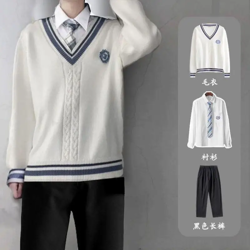 

Autumn And Winter College Style V-neck Knitted Sweater Unisex Student Shirt Sweater Pants 3-pcs JK Uniform Couple Class Service