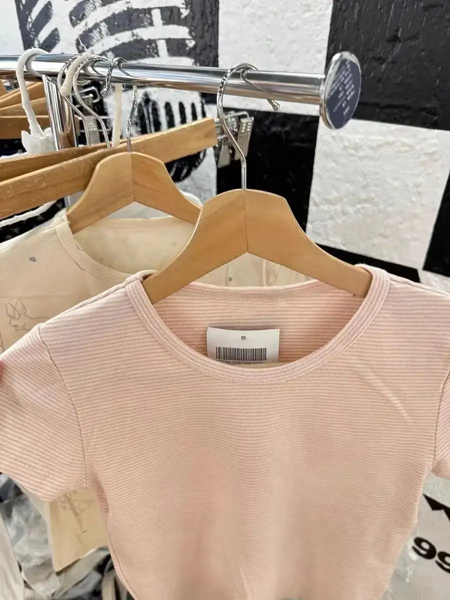 Pink Striped T-shirt Shorts 2 Pieces Set Women Slim O-neck Tees with Elastic Straight Short Pant Cotton Sweet Pajama Sets Y2k