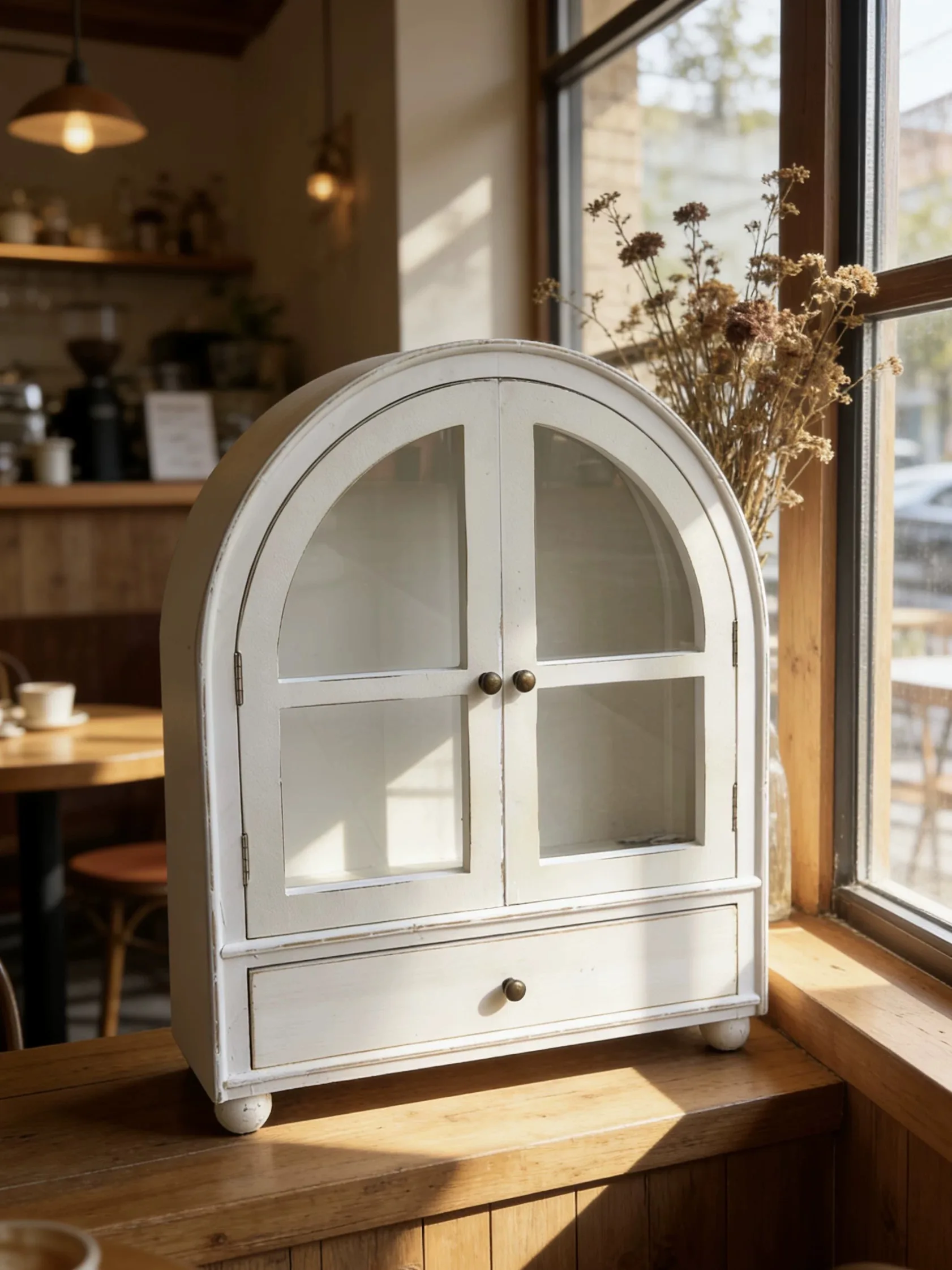 

Vintage White Arched Display Cabinet with Glass Doors, Distressed Solid Wood, Wall Mount or Freestanding, 60cm Height, Single Dr