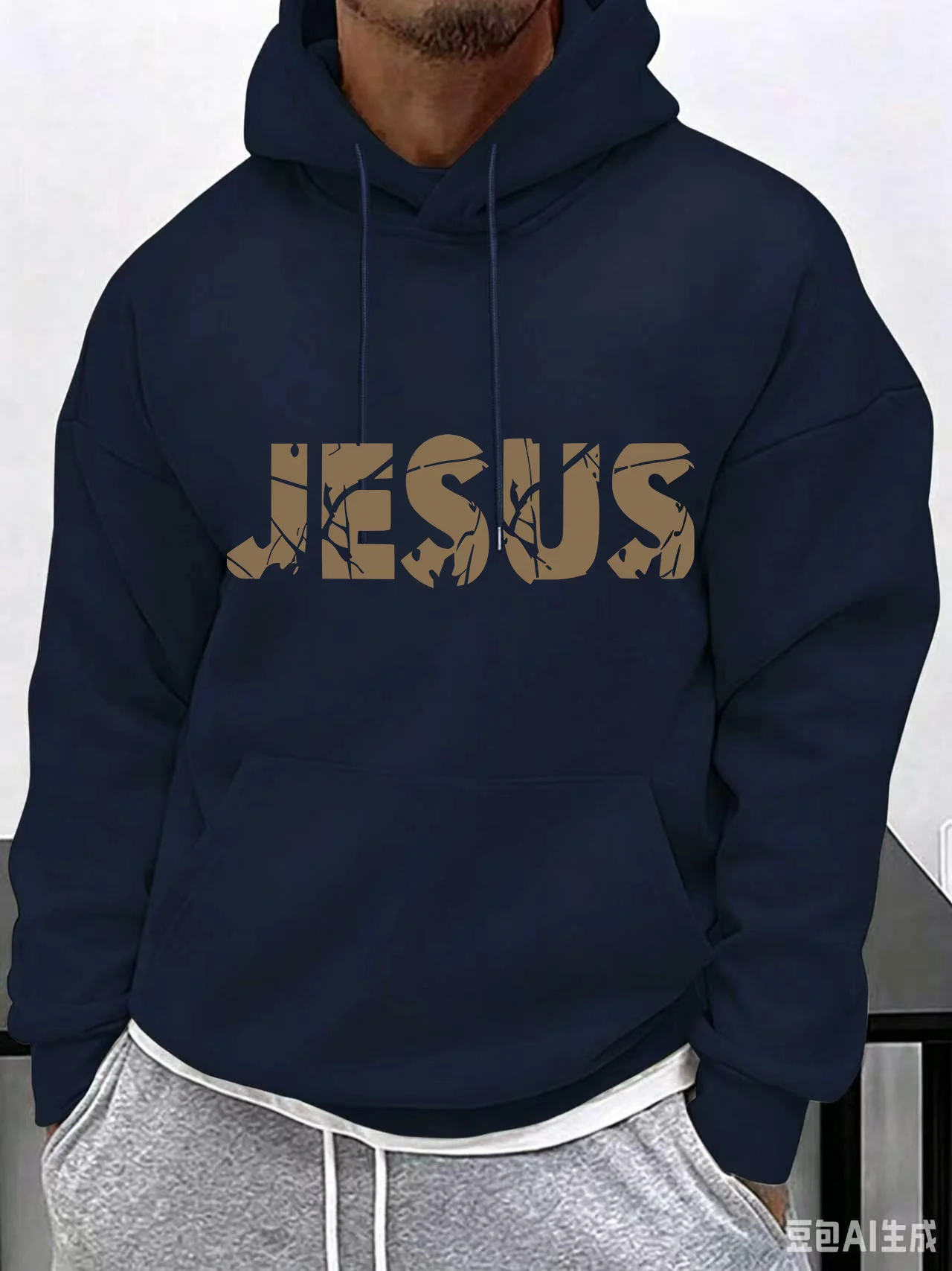Loose-fit Men's Hooded Sweatshirt - Winter/spring Fleece Version Retro Distressed Design Jesus Letter Print Casual Street Hoodie