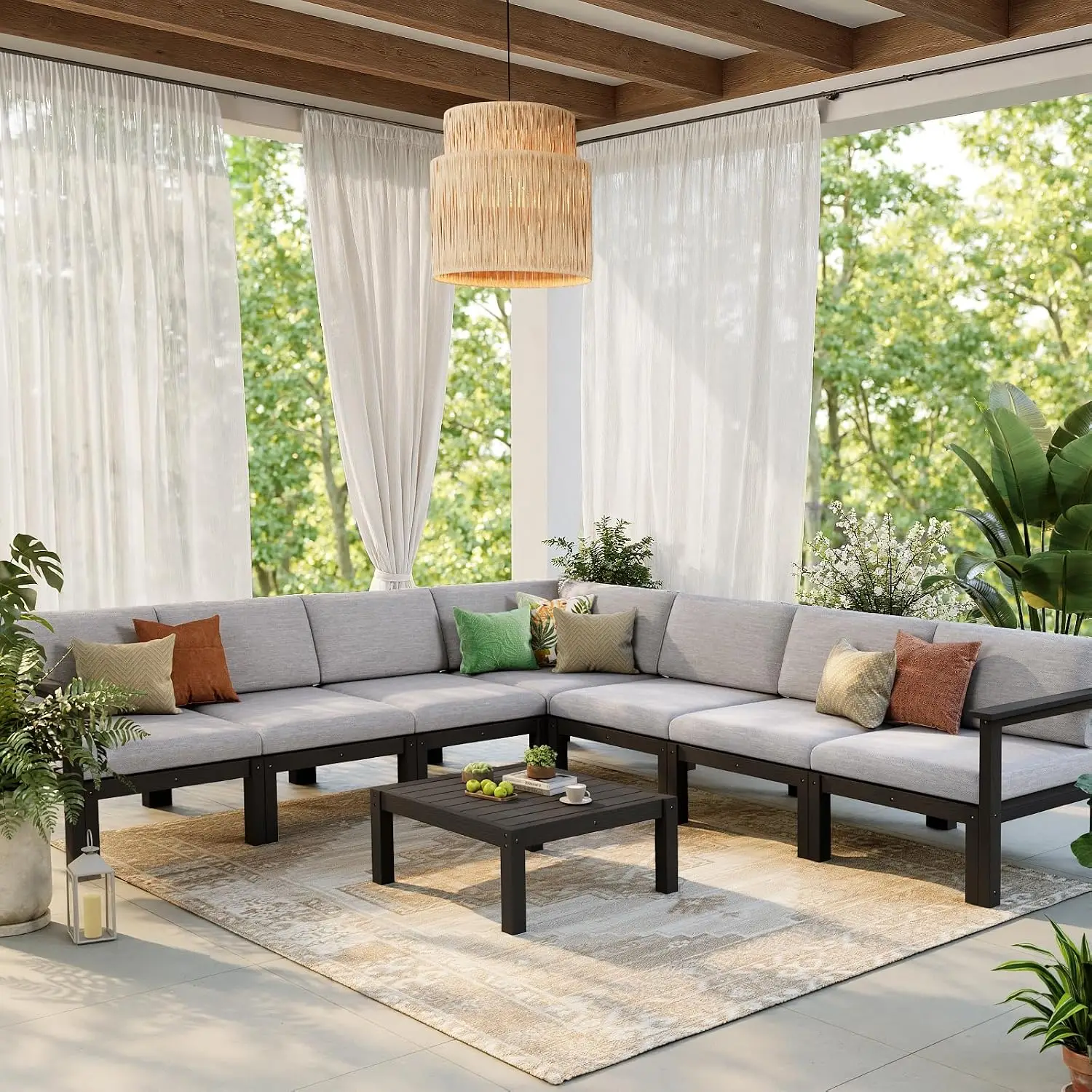 All-Weather Patio Side Table for Outdoor Sectional Sofas – Modular Connector Table for L/U Shaped Sets, Black, Customized