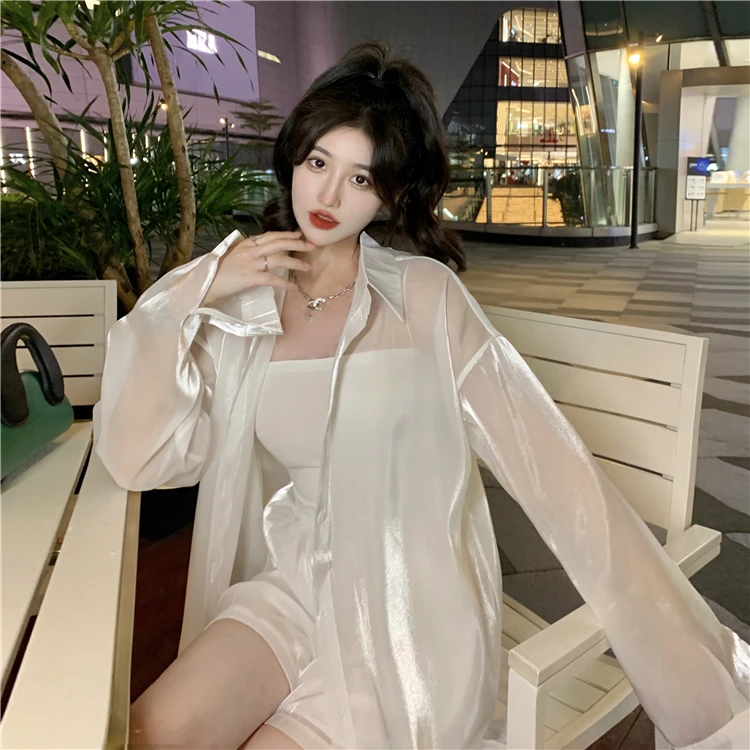 Sympony Hologram Holographic See Through Soft Reflectiv Sunscreen Sunproof Shirts Summer Thin Long Sleeve Glossy Suit