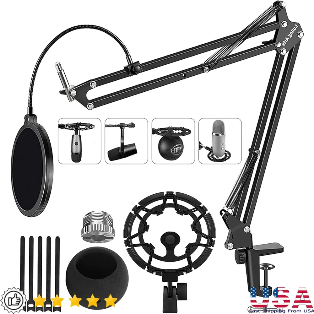 

Adjustable Boom Arm Blue Yeti Microphone with Shock Mount Pop Filter Desk Stand 3/8 to 5/8 Adapter Heavy Duty Microphone