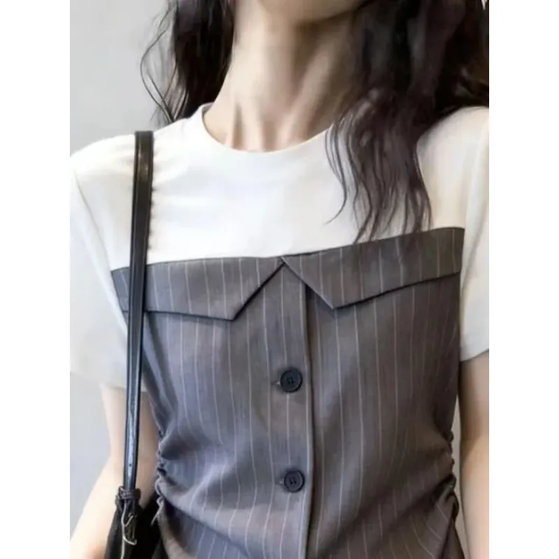 Women Plus Size Two Piece Striped Spliced Short Sleeve T Shirt Slim Hide Fat Casual Summer Top
