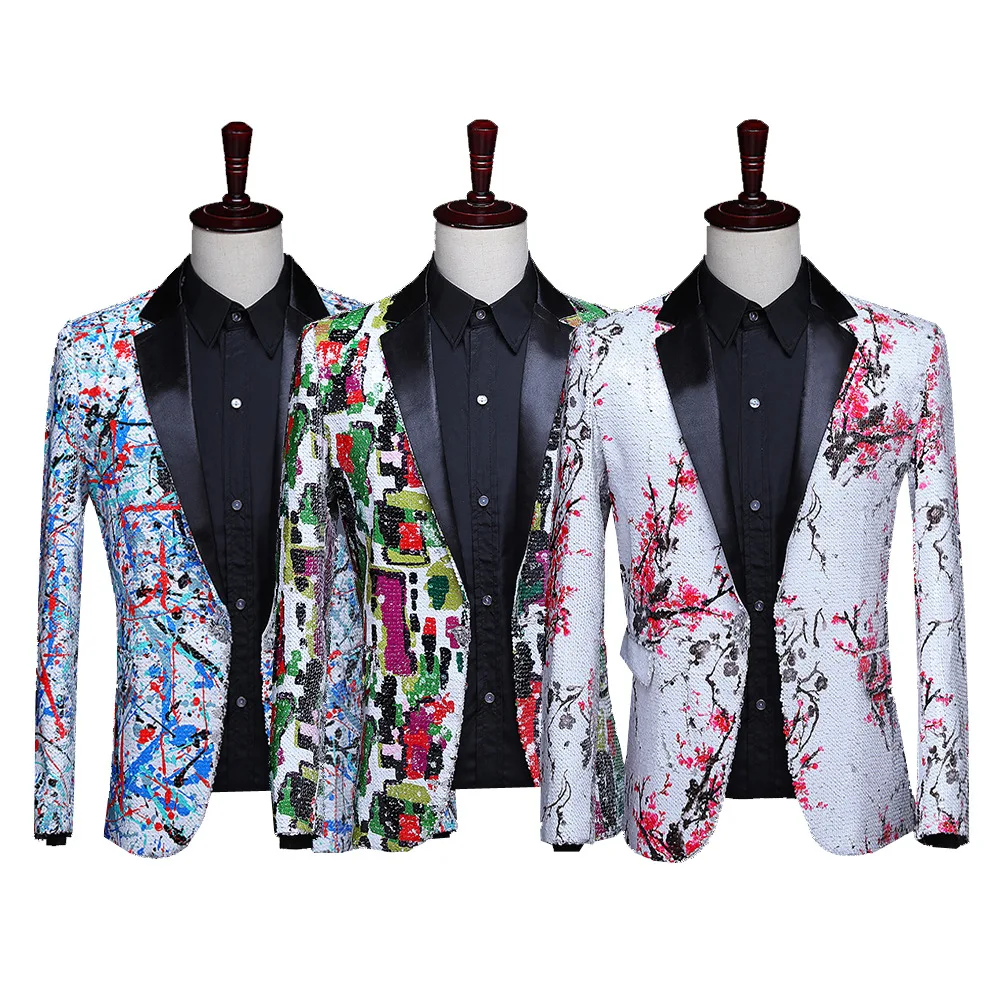 Colorful Printed Flip Sequin Suit Top Stage Performance Suit Singer DJ Hosting Bar Personalized Performance Coat Men