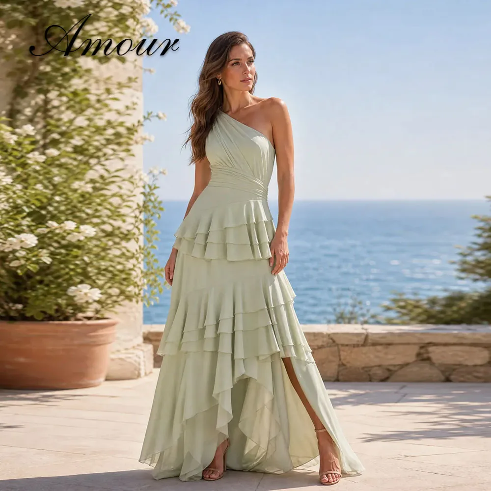 Amour Sage Green One Shoulder Chiffon Evening Dress Tiered Ruffle High Low Slit Customized Wedding Guest Formal Party Maxi Gown