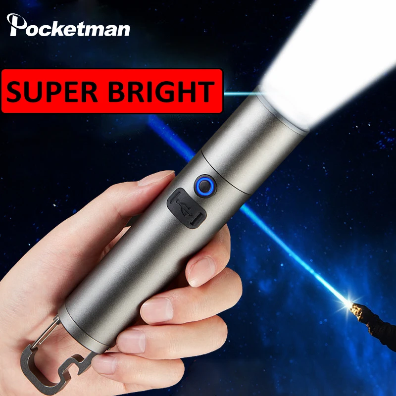 Powerful LED Flashlight Multifunctional Camping Torch USB Rechargeable Flashlights Outdoor Emergency Light with Hook
