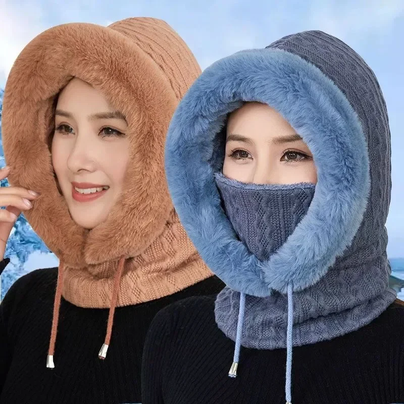 Thicken Fleece one-piece Hat Women Knitted Fluffy Cap Scarf Mask Set Hood Winter Warm Outdoor Ski Windproof Plush Beanies Bonnet