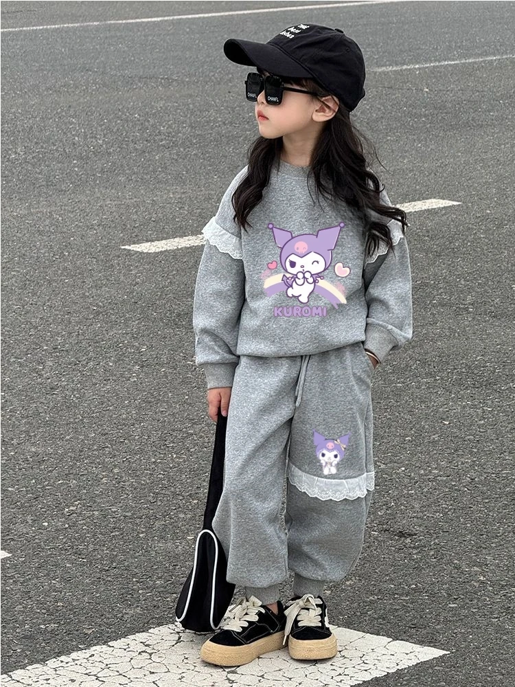 

Комплекты одежды для девочек, осенние детские толстовки «Hello Kitty», пуловер с кружевной отделкой, топ и брюки, костюм из 2 предметов, детские милые спортивные костюмы, наряды