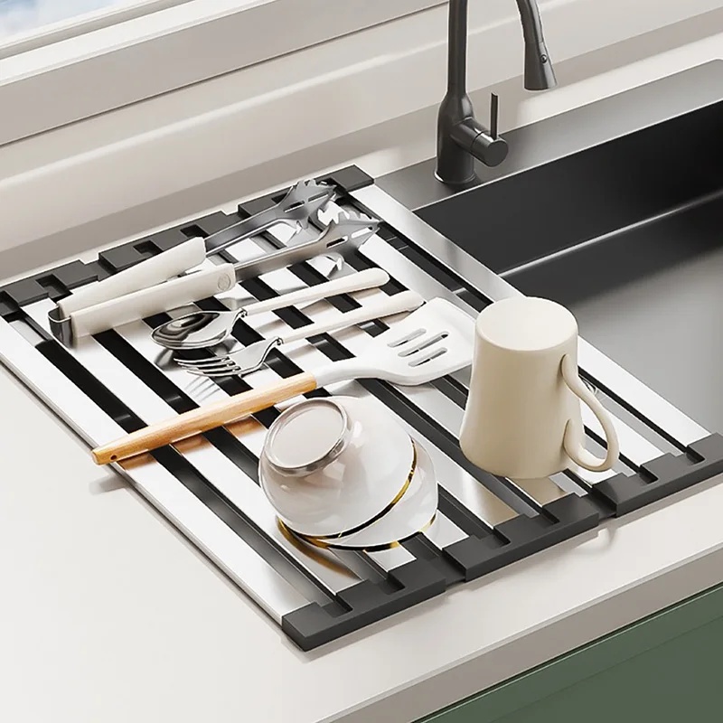

Stainless Steel Multifunctional Foldable Drain Rack Kitchen Bowls Dishes Chopsticks Silicone Storage Rack Hardware Accessories