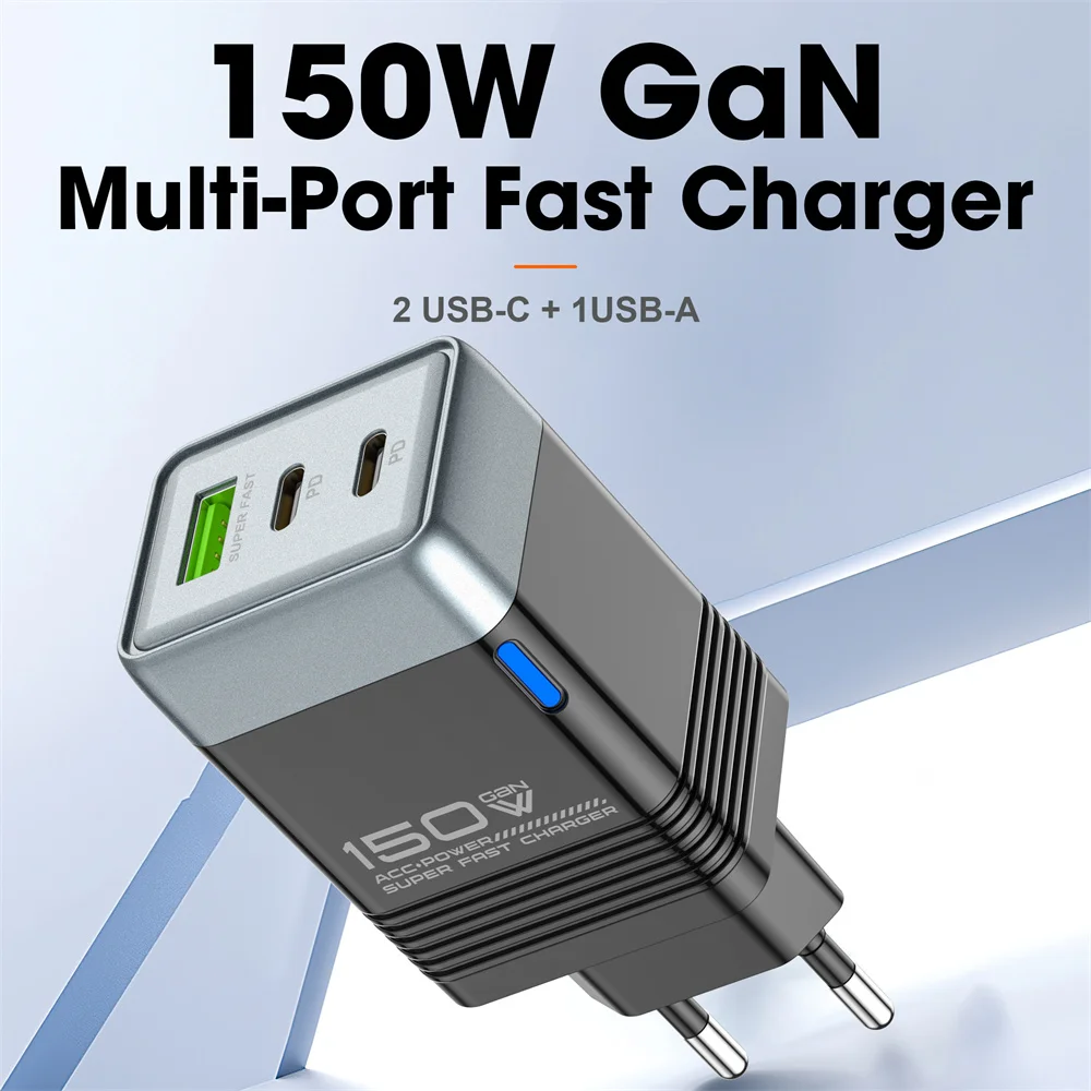 3 in 1 GaN 150W USB C Charger Type C High Speed Charging Adapter PD Super Fast Charger EU/UK/US Travel Wall Charger For iPhone
