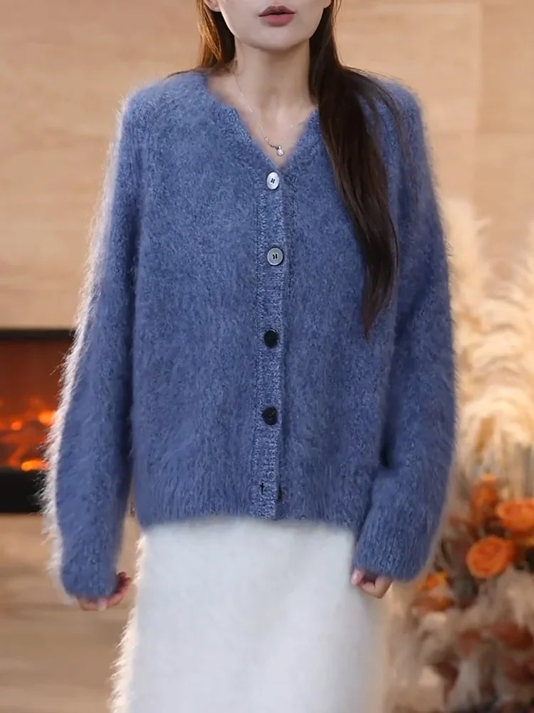 

Синий пушистый вязаный кардиган больших размеров, модный универсальный свитер, женский топ для похудения, корейский стиль, с длинными рукавами, V-образный вырез