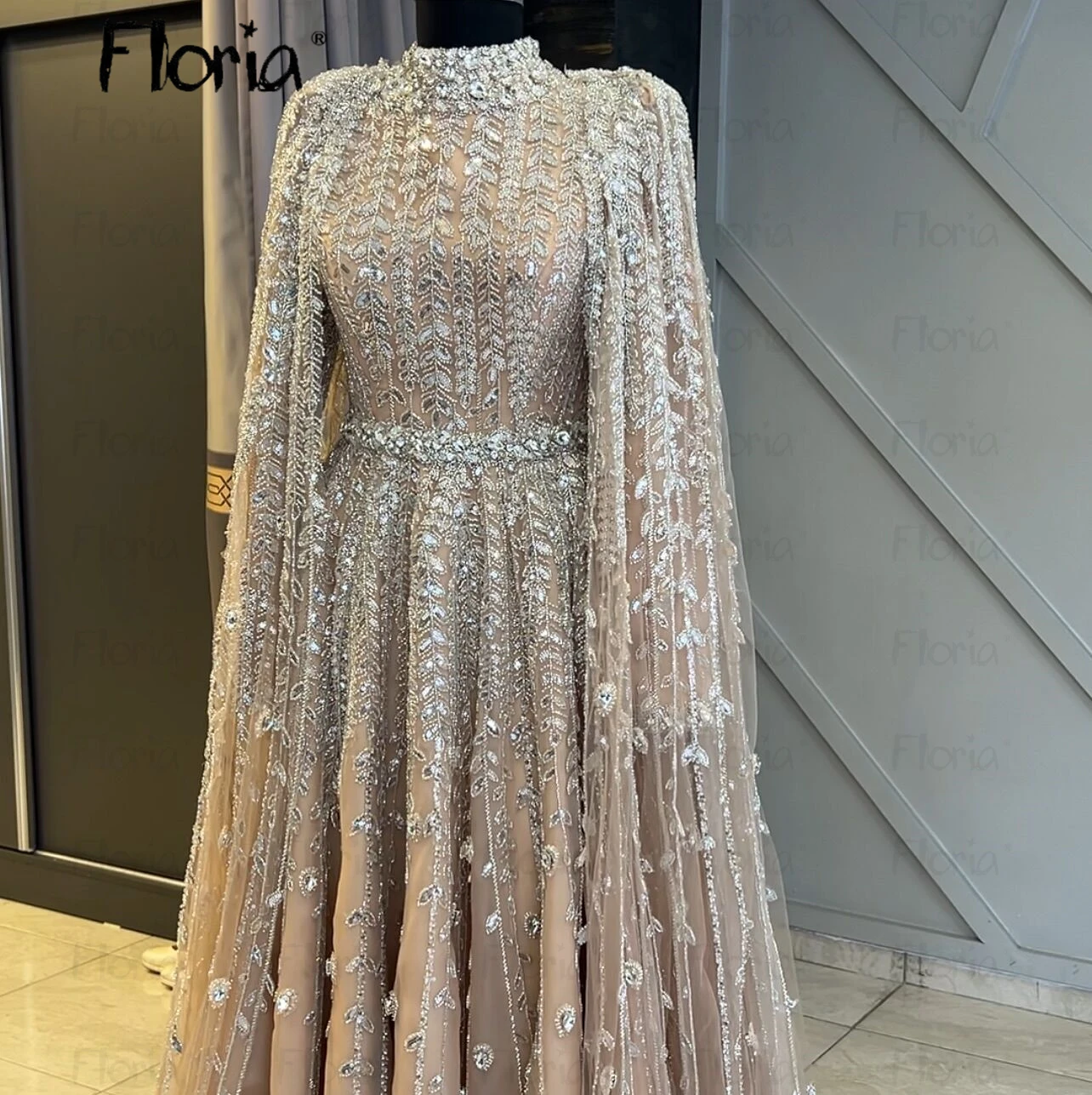 Muslim Plus Size A Line Evening Dress With Cape Sleeve Beaded Customized Wedding Guest Reception