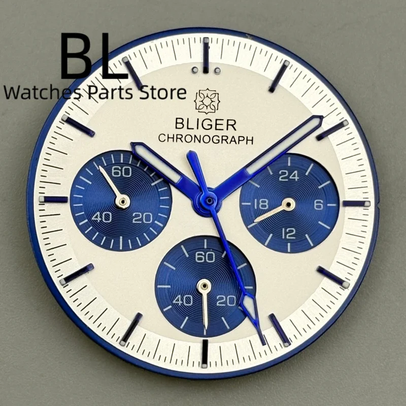BLIGER 31.5mm Blue White Green Chronograph Moon Watch Dial Hand Set With Green Luminous Fit VK63 Quartz Movement Watch Parts