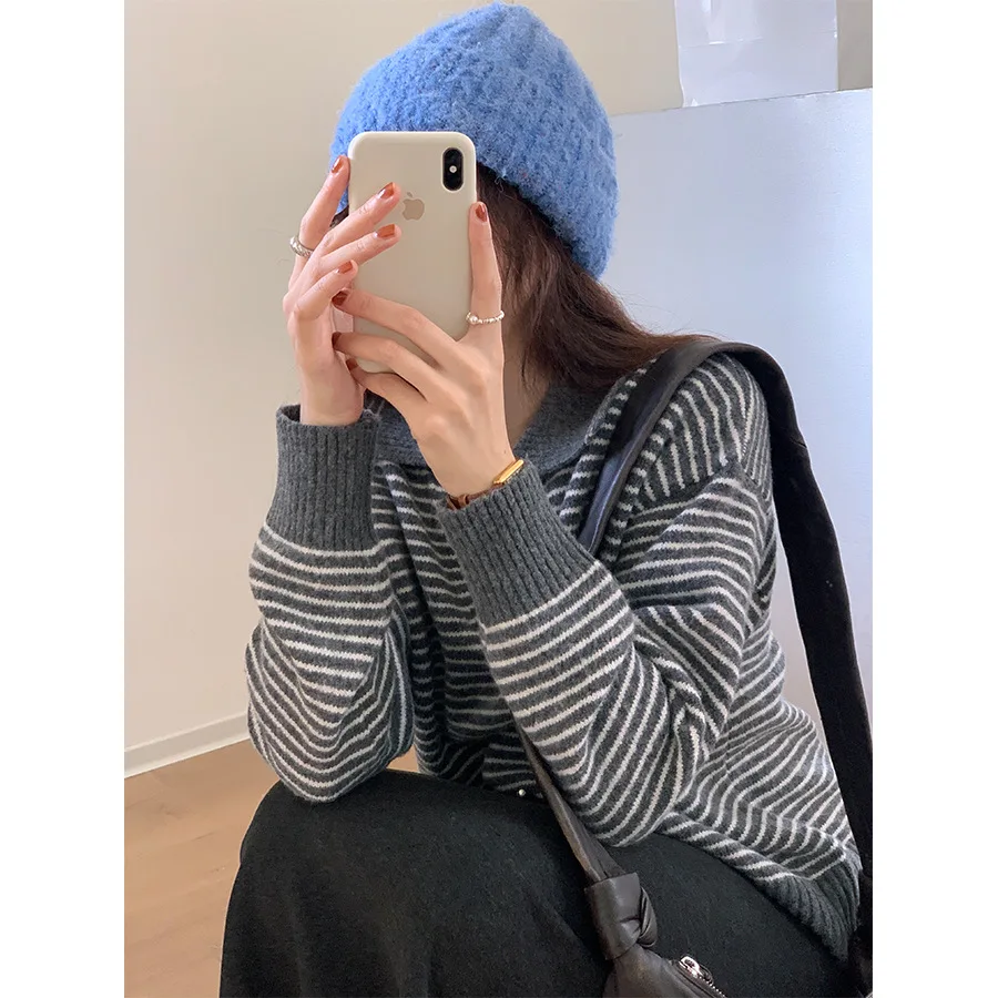 Retro Polo Collar Contrast Stripe Soft Sticky Knitted Sweater Women's Autumn/Winter Hoodie Loose Casual Sweater