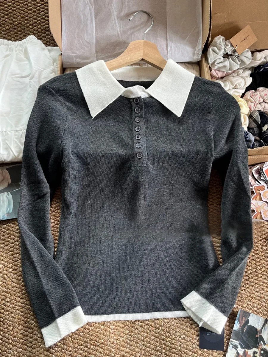 

Серые вязаные футболки из двух предметов, женские весенние хлопковые футболки с лацканами и пуговицами, винтажные повседневные однотонные тонкие трикотажные топы