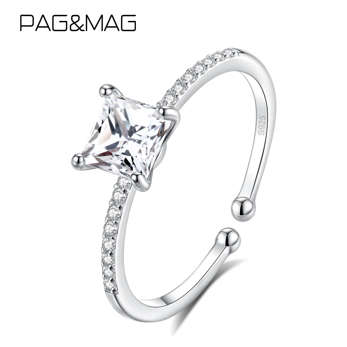 

PAG&MAG 925 Sterling Silver Square Shape Clear CZ Rings Elegant Open Adjustable Finger Jewelry for Bridal Ladies Wedding Gift