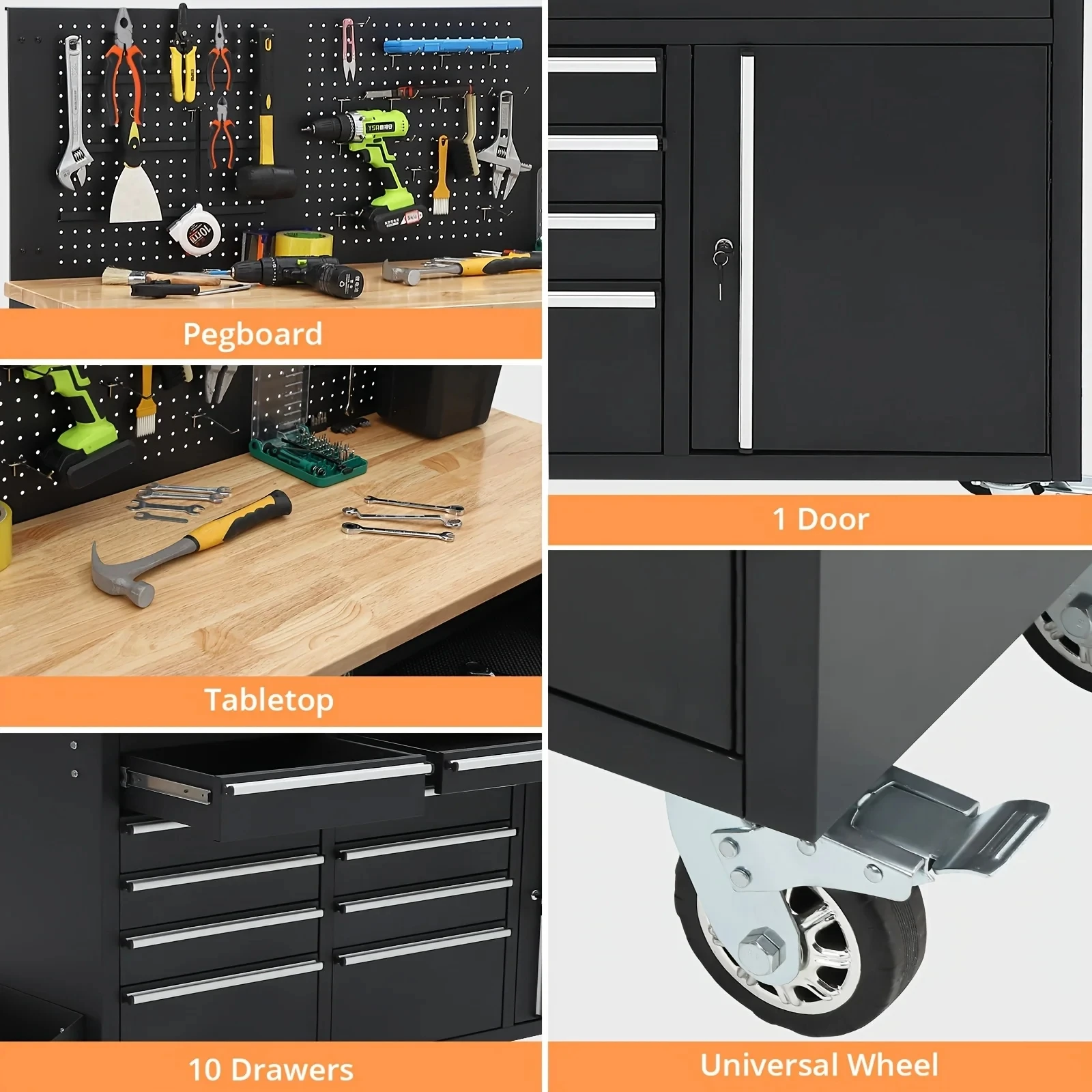 61" Heavy Duty Rolling Workbench with Solid Rubber Wood Top, Mobile Cabinet Workstation, 2000 LBS Load Capacity