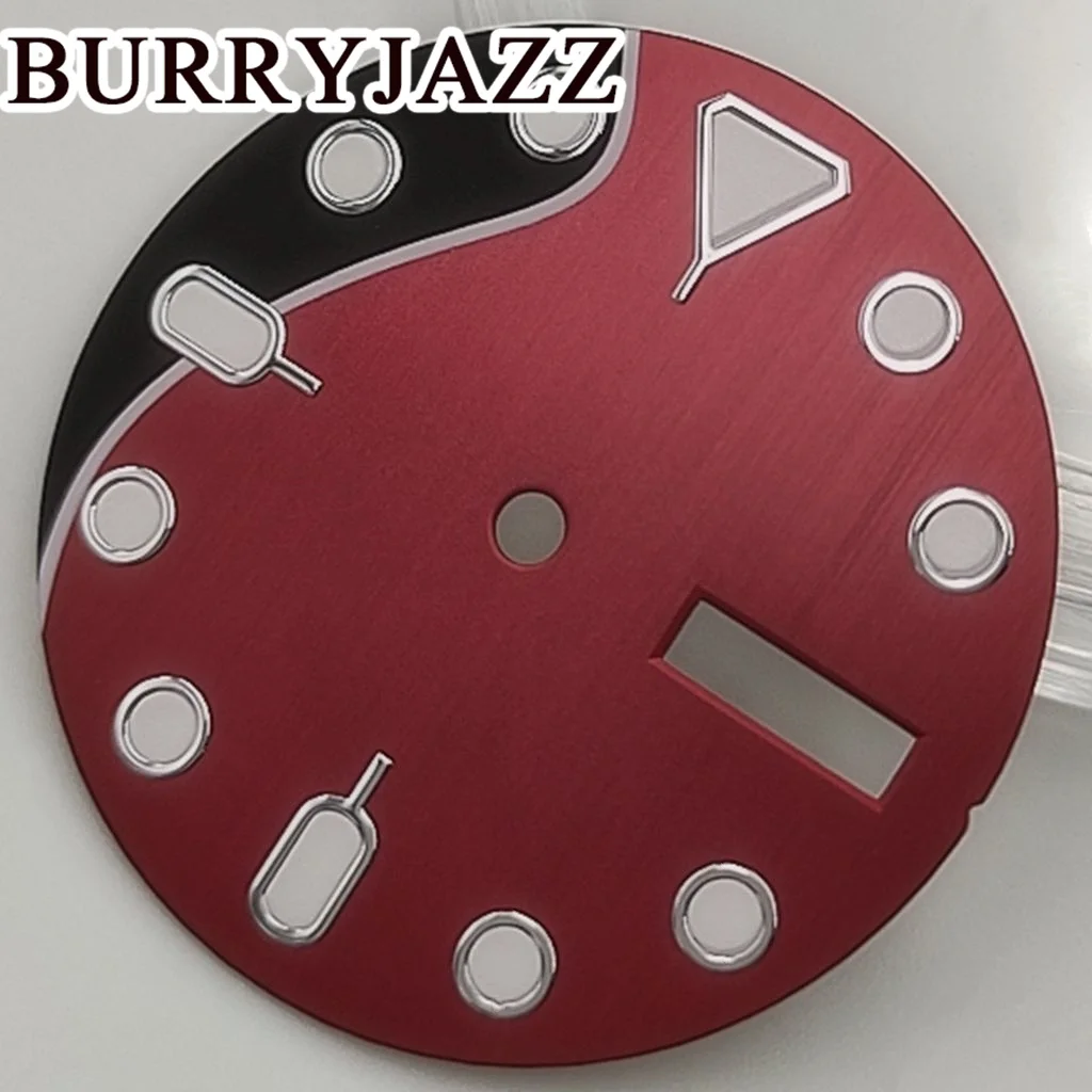 BURRYJAZZ 28.5 ملم بدون شعار NH36 قرص الساعة أسود أحمر مينا أخضر مضيء مناسب 3 الساعة 3.8 ساعة تاج