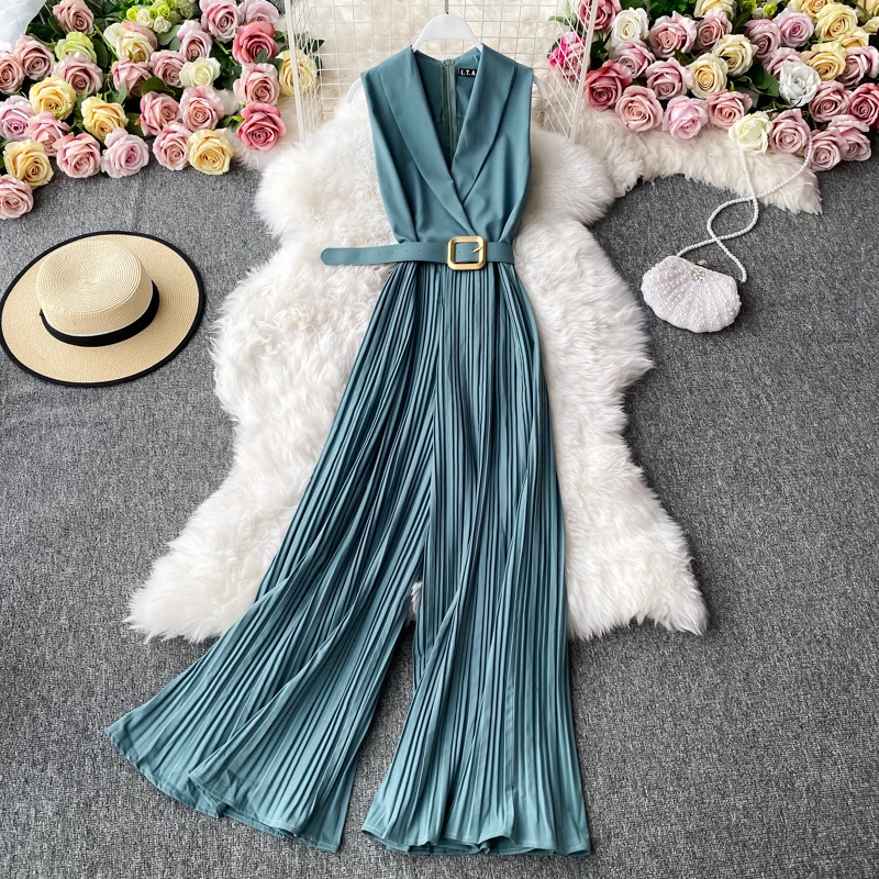 O Neck  Sleeveless Vest Jumpsuit Women High Waist Lace Up Slim Pleated Wide Leg Pant Bodysuit Vintage French Elegant Chic Romper