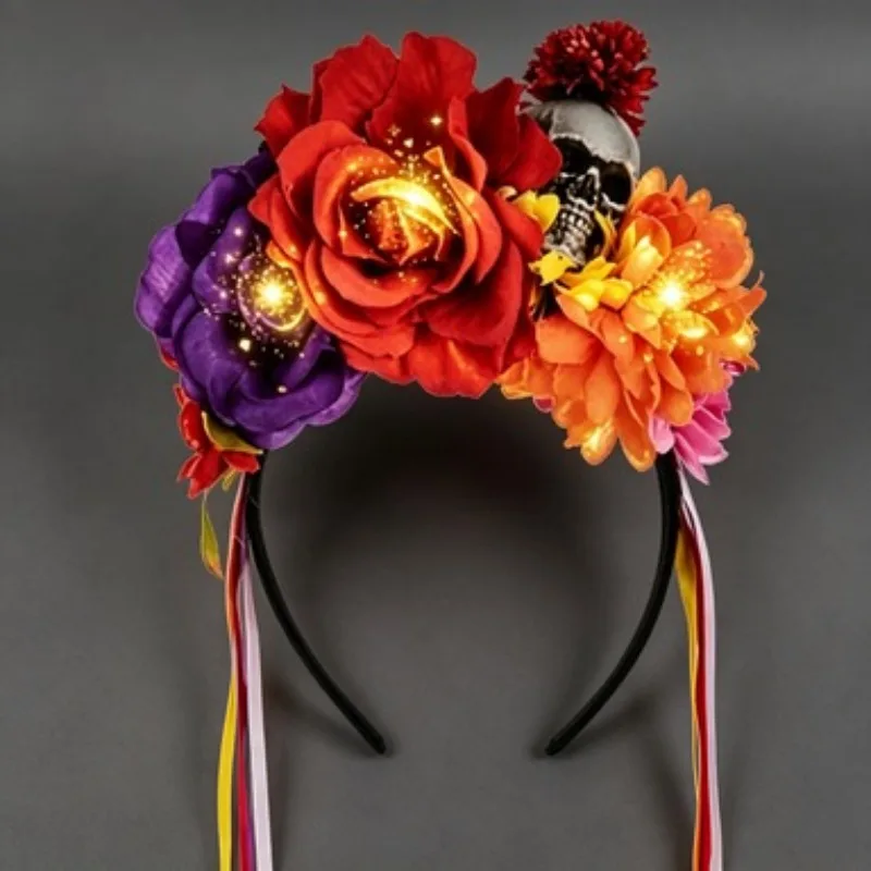 Day of the Dead Sparkling Rose Flower Crown – LIGHT UP Mexican Fiesta Headband with Mixed Blooms for Women Halloween Costume Par
