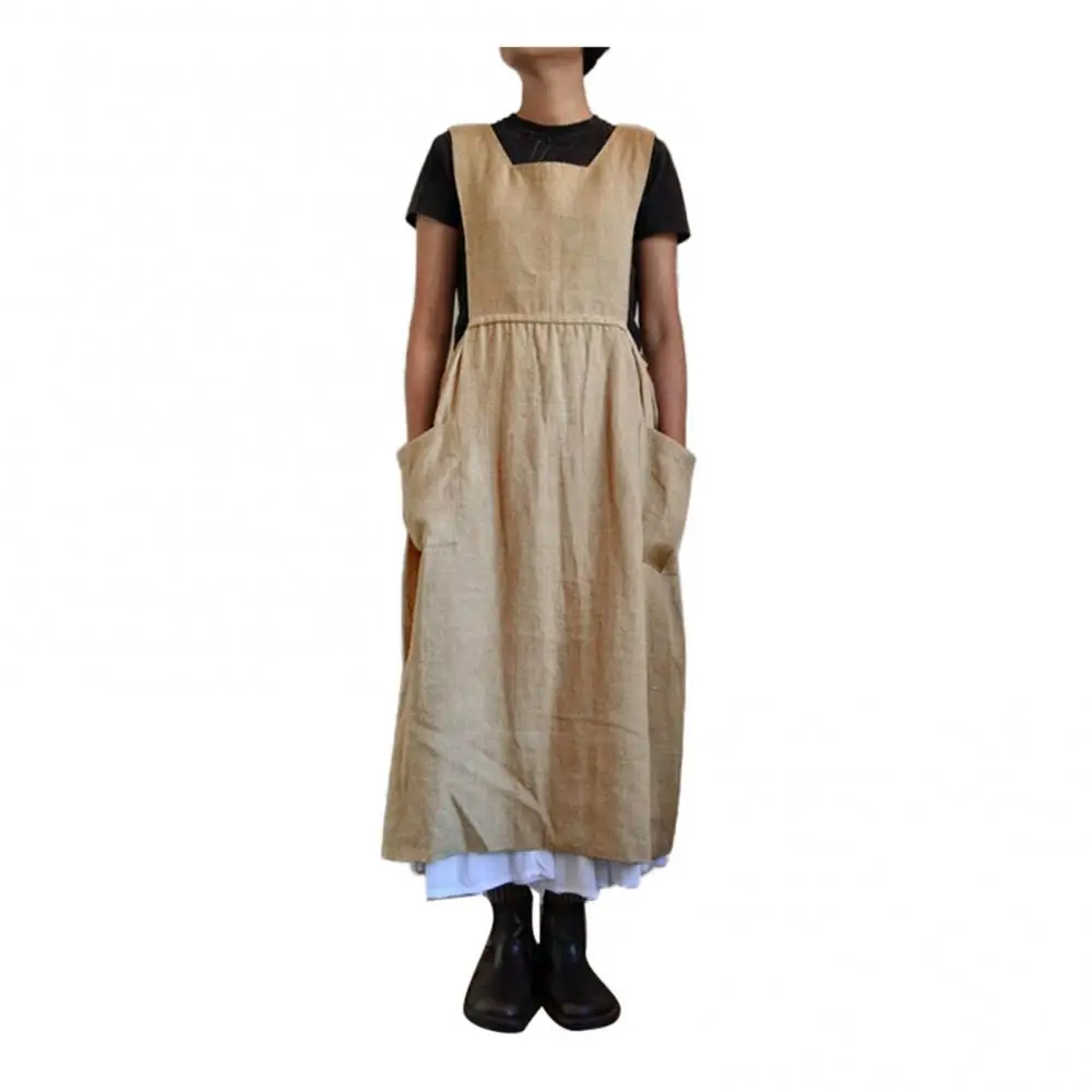 

Women Solid Color Sleeveless Square Neck Pockets Cotton Linen Apron Long Dress