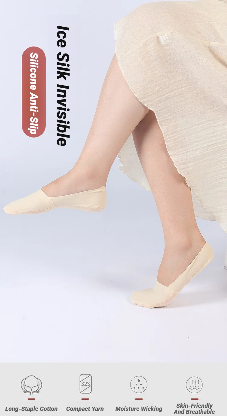5 Paar ultradünne Damensocken, atmungsaktiv, unsichtbar, rutschfest mit Silikon, einfarbig, bequeme, hochwertige, unsichtbare Bootsocken – Detail 1