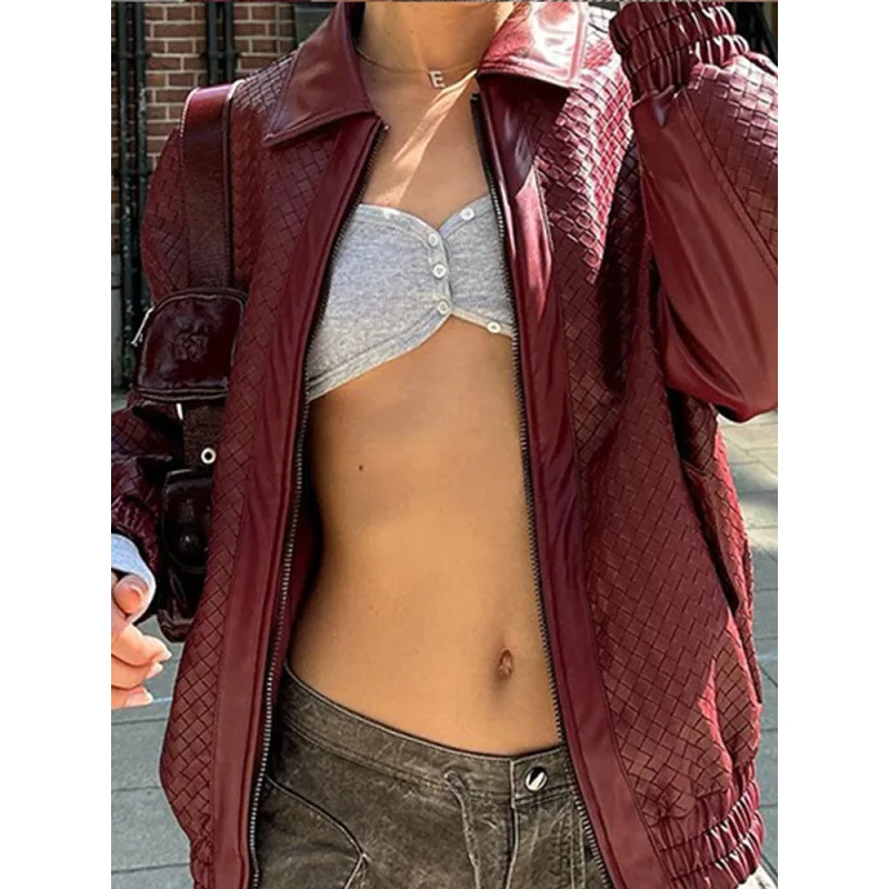 Faionable Color Zipper Leather Jaet Street Sle Retro New Model Hot S Damen Loose Fit Long Sve Collar