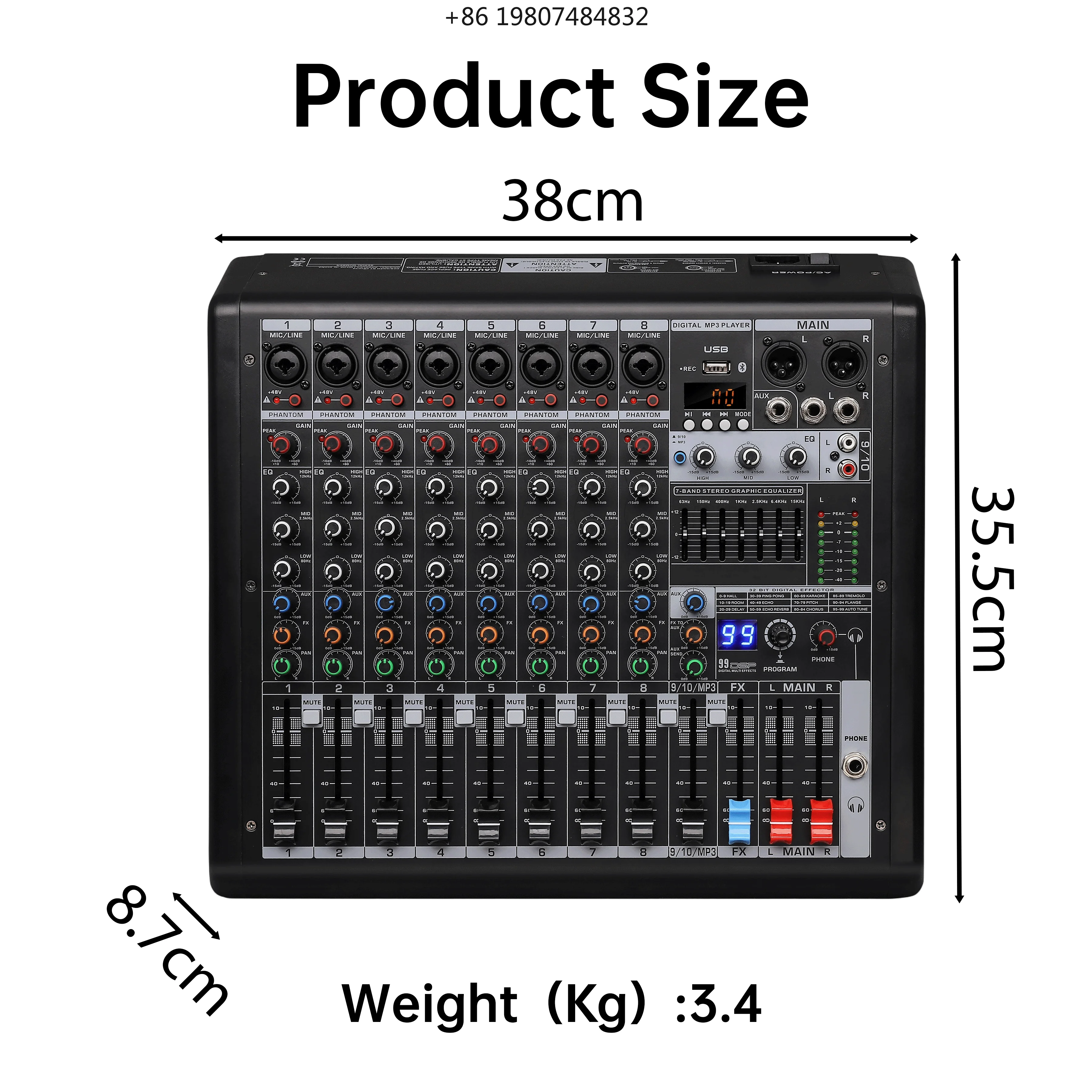 Phantom Power for Live Band Church Stage Professional B10 10-Channel Mixing Console with 99 DSP Effects 48V