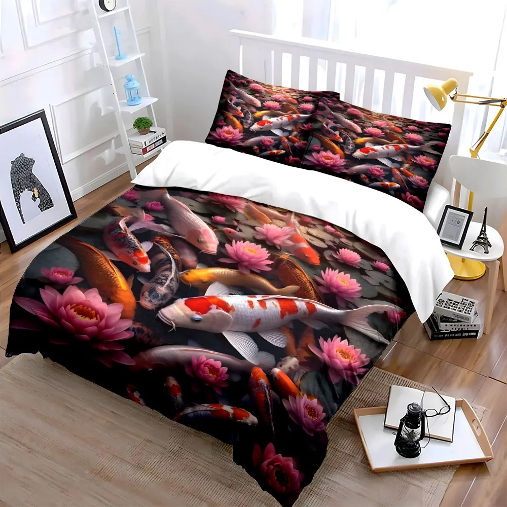 Koi swimming in pink lotus pond Print Bedding Set 1 Duvet Cover 2 Pillowcases for Adult and Children Luxury Gift Full Size